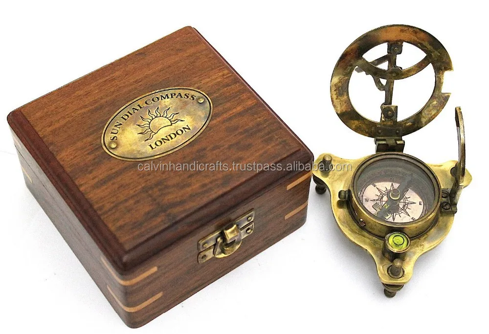 Antique sundial compass - brass sundial compass with box