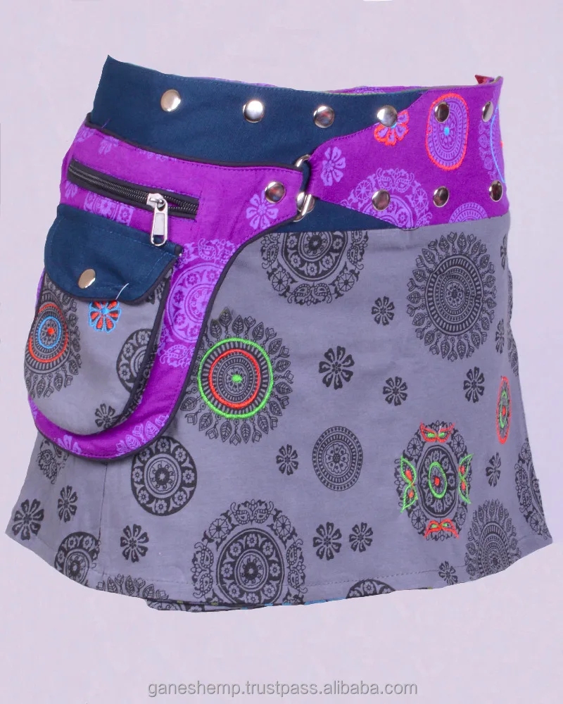 Polka Dot Exotic Print In Blue Gray Shade Cotton Fabric Gypsy Wrap Around Skirt With Bag Belt HHCS 139 B