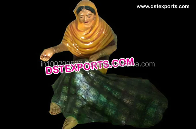 Punjabi Lady With Charkha Statues  Punjabi Woman Running A Weaving Machine Indian Wedding Statue for Entrance Decoration