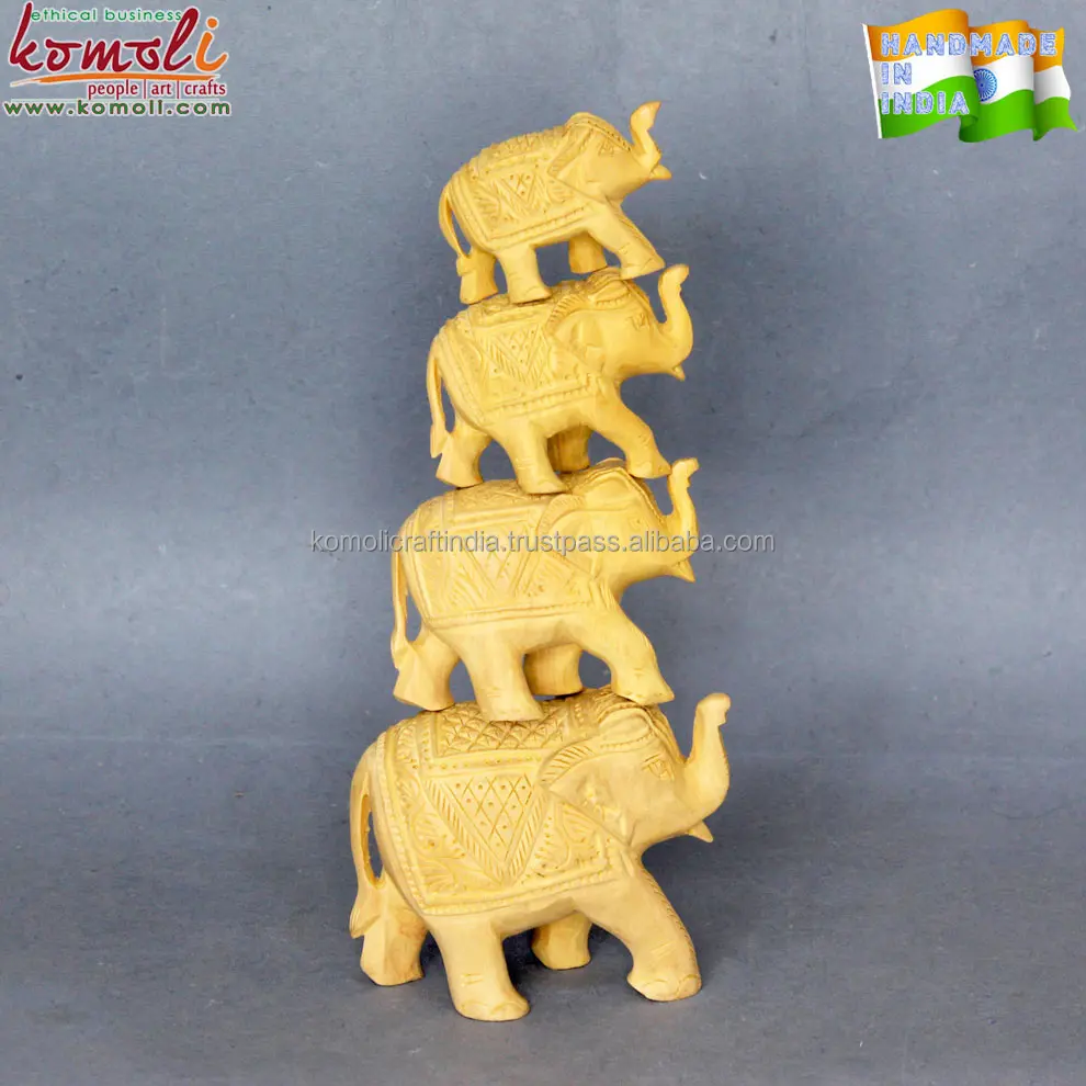 Set of 4 Indian souvenir wood carving hand carved elephants woods crafts