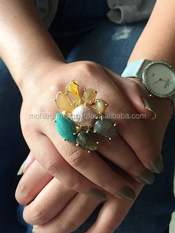 22 Ct Gold Plated White Black Rainbow ,Tiger Eye And Other Stones Cocktail Rings