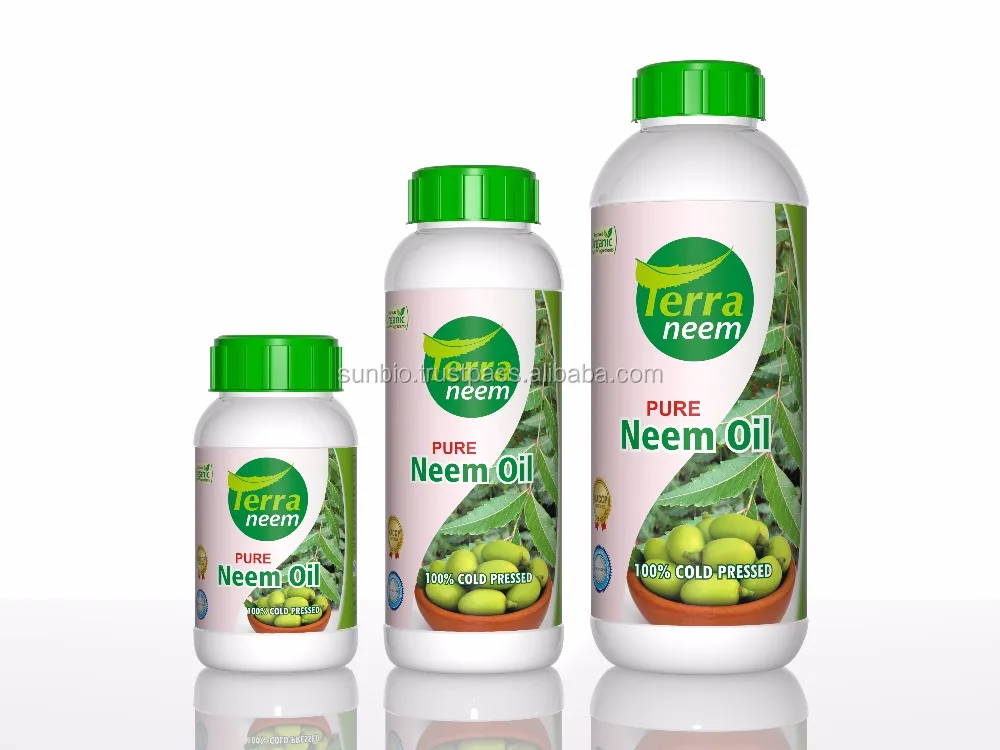 100% Terra Neem Oil extracted from neem kernel by cold pressed method used on plants and farms as insecticide in Retail Bottles