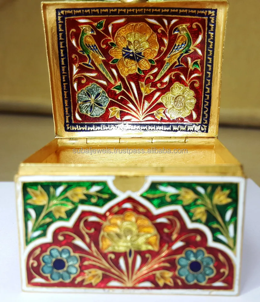 24Kt Gold Kundan Ancient Box With Natural Ruby Diamond Polki & Enamel for showcase multipurpose 57 grams