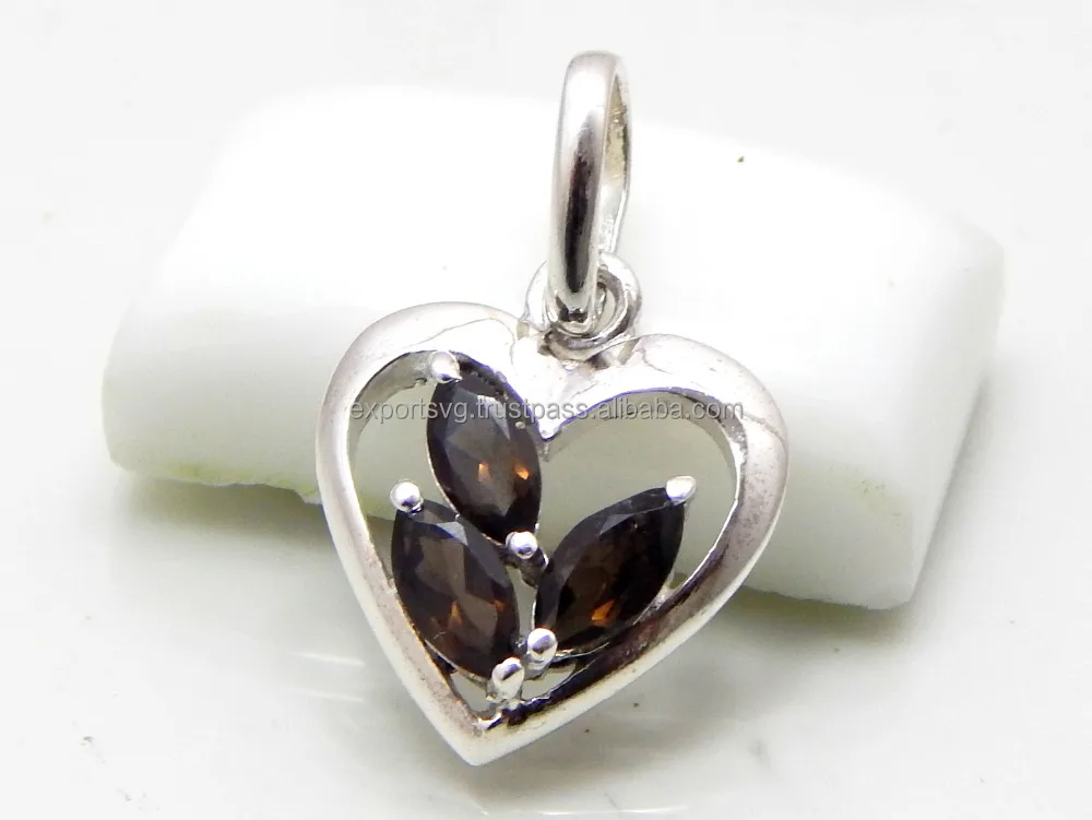 925 Sterling Silver Jewelry Smoky Quartz Trendy Heart Pendant Women Small Natural Gemstone Rhodium Silver Featuring Gold Pearl