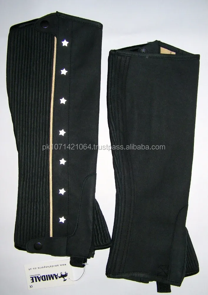 HALF CHAPS HORSE RIDING BLACK AMARA WITH WHITE HI-VIZ STARS NEW- S, M, L and XL By Riaz Jamal Intel