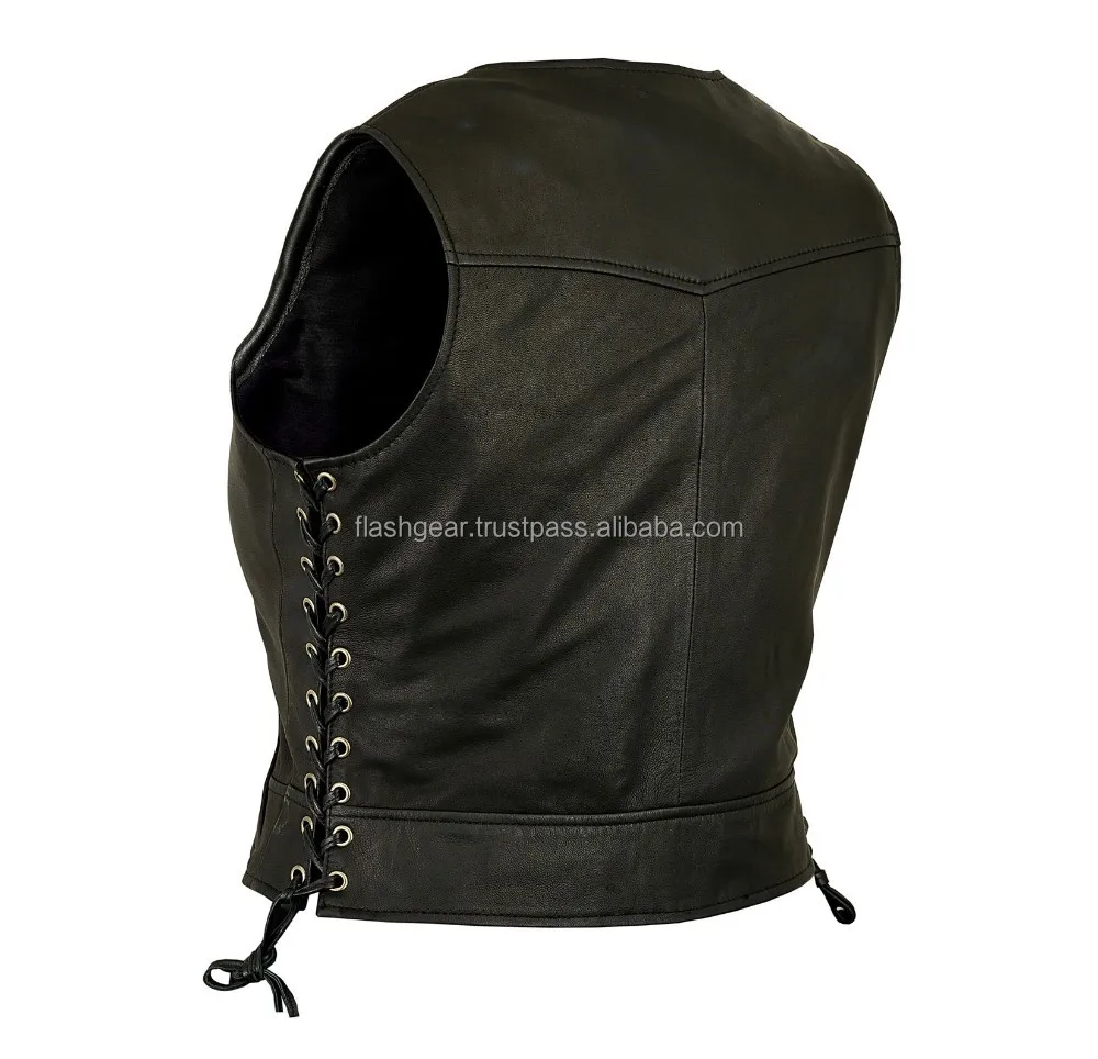 Custom made new fashion women leather biker vest high quality leather heavy Met-al Rocker biker waistcoat Motorcycle Vest