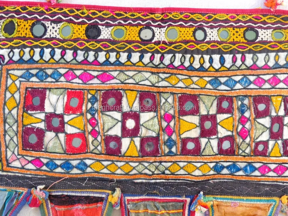 Gujarat Tribal embroidered Door hanging - Indian Traditional Kutch embroidered door hanging - Bohemian mirror work door decor