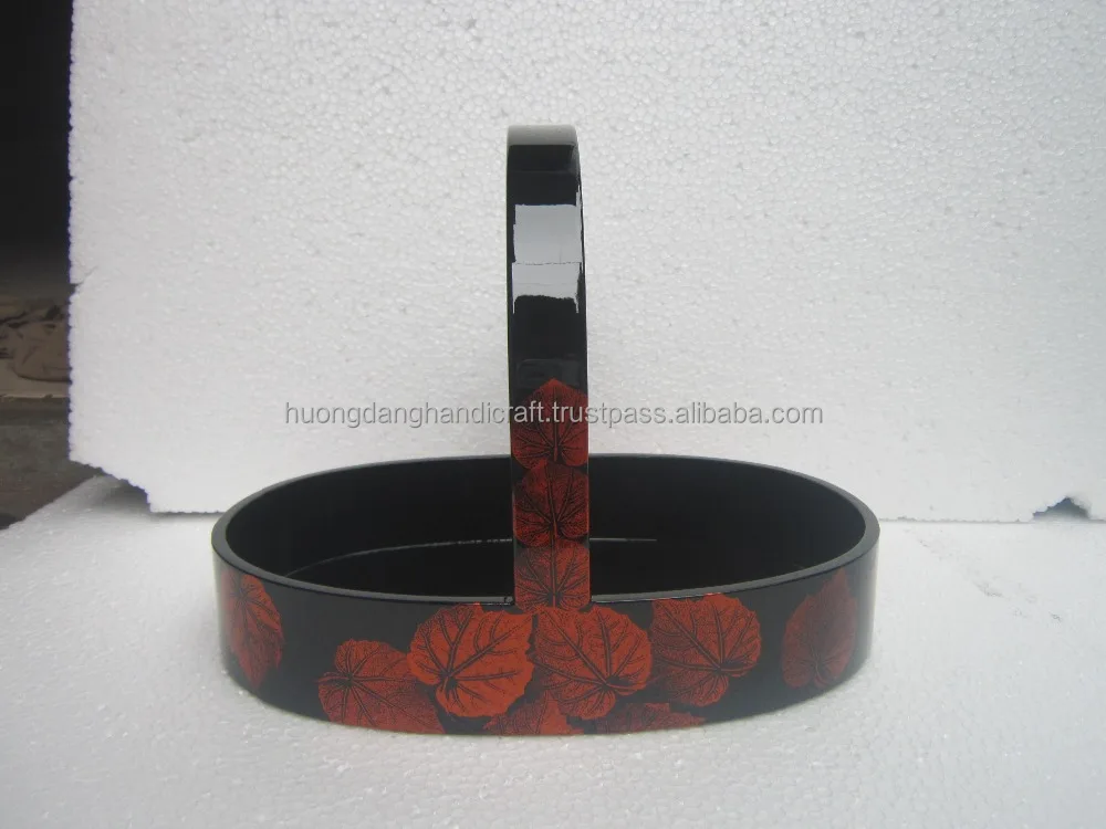 Real Leaf Printing Oval Lacquer Tray Vietnam with Handle for Storage