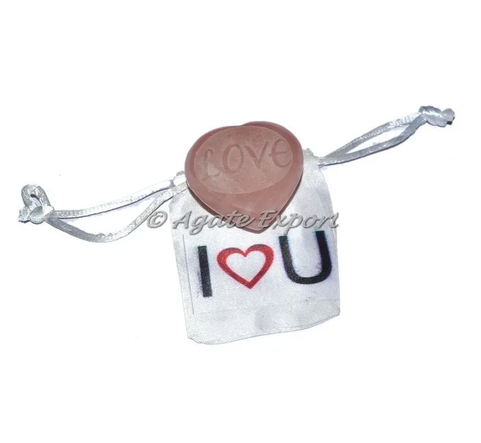 Export Quality Effective Healing Embossed Love Rose Quartz Heart Semiprecious Stone with love pouch