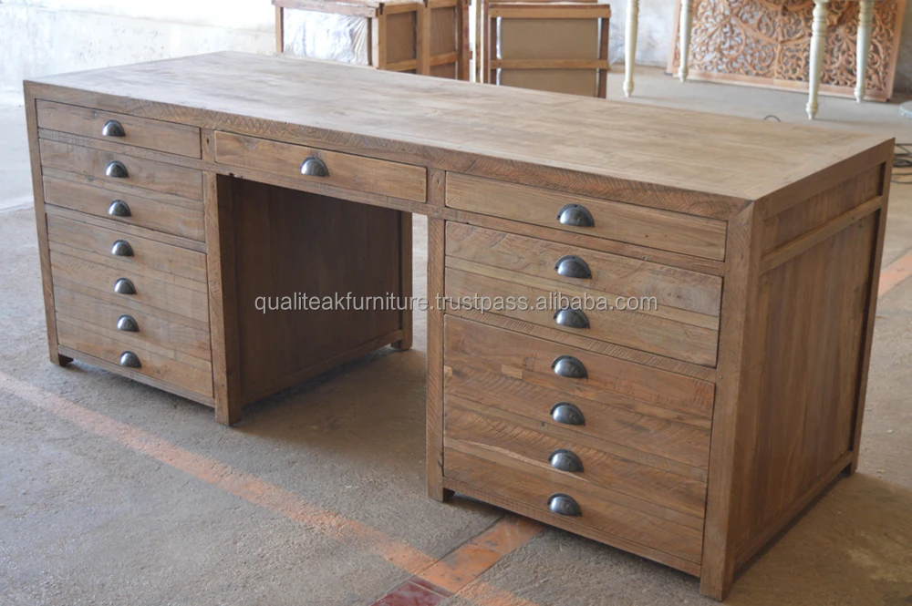 Reclaimed teak solid wood office writing desk with drawers