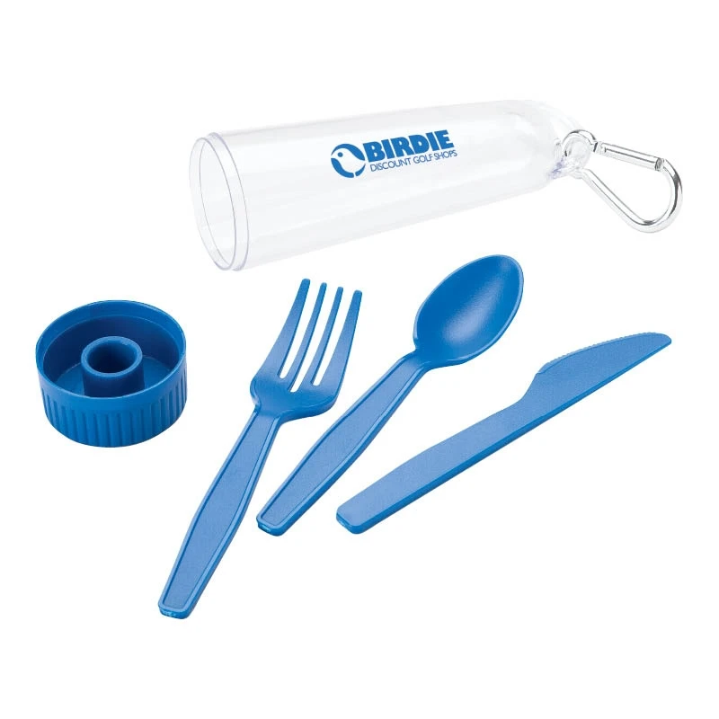 Portable Cutlery Set - includes fork, knife and spoon in transparent storage case with handy aluminum carabiner