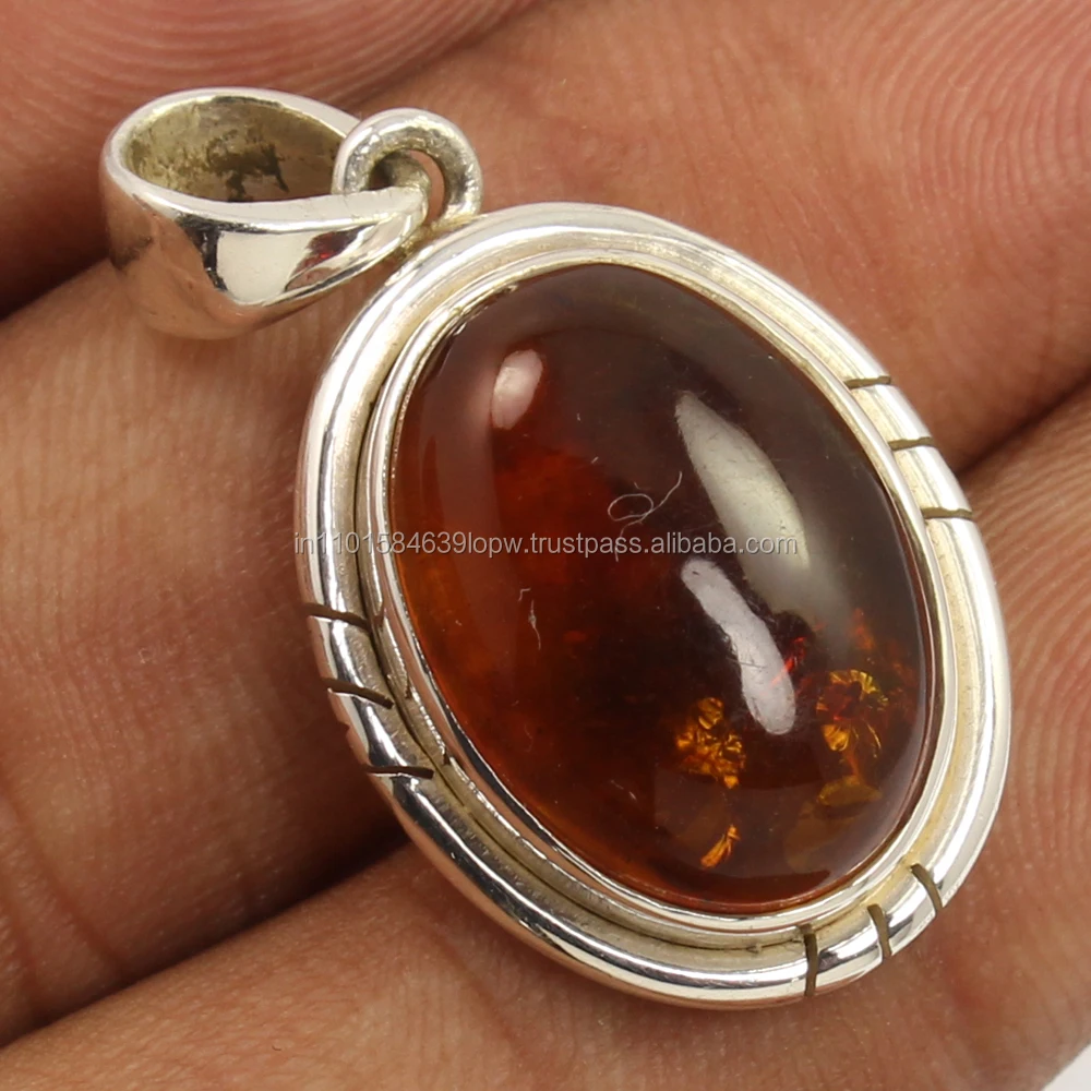 Indian Fashion Pendant 925 Solid Sterling Silver Jewelry Natural AMBER Gemstone