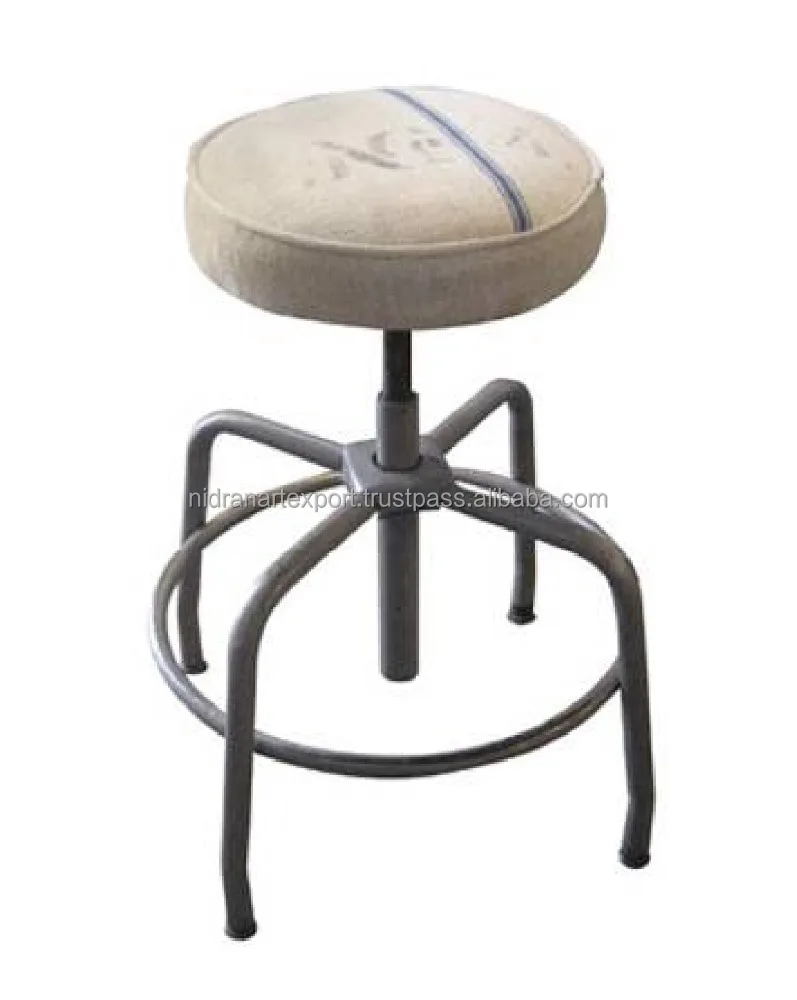 Industrial & Vintage Home Fabric Ottoman Rustic Antique Finish Iron Adjustable Height Stool for Kitchen Wooden Material