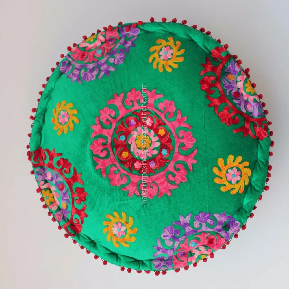 Fair Trade Home Interior Designer Indian Ottomans Poufs Footstools Cotton Embroidered Ottoman Poufs Foot Rest Ottoman