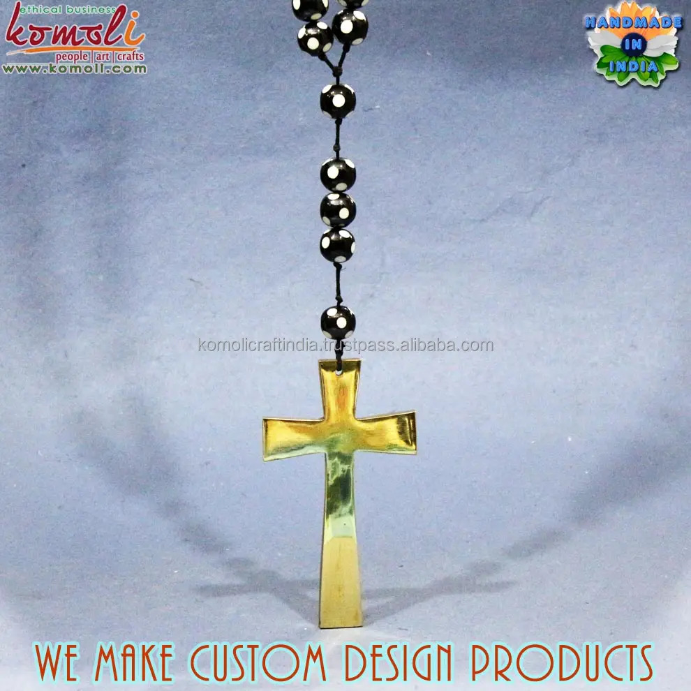 Handmade solid brass mini cross catholic rosary with designer resin bead