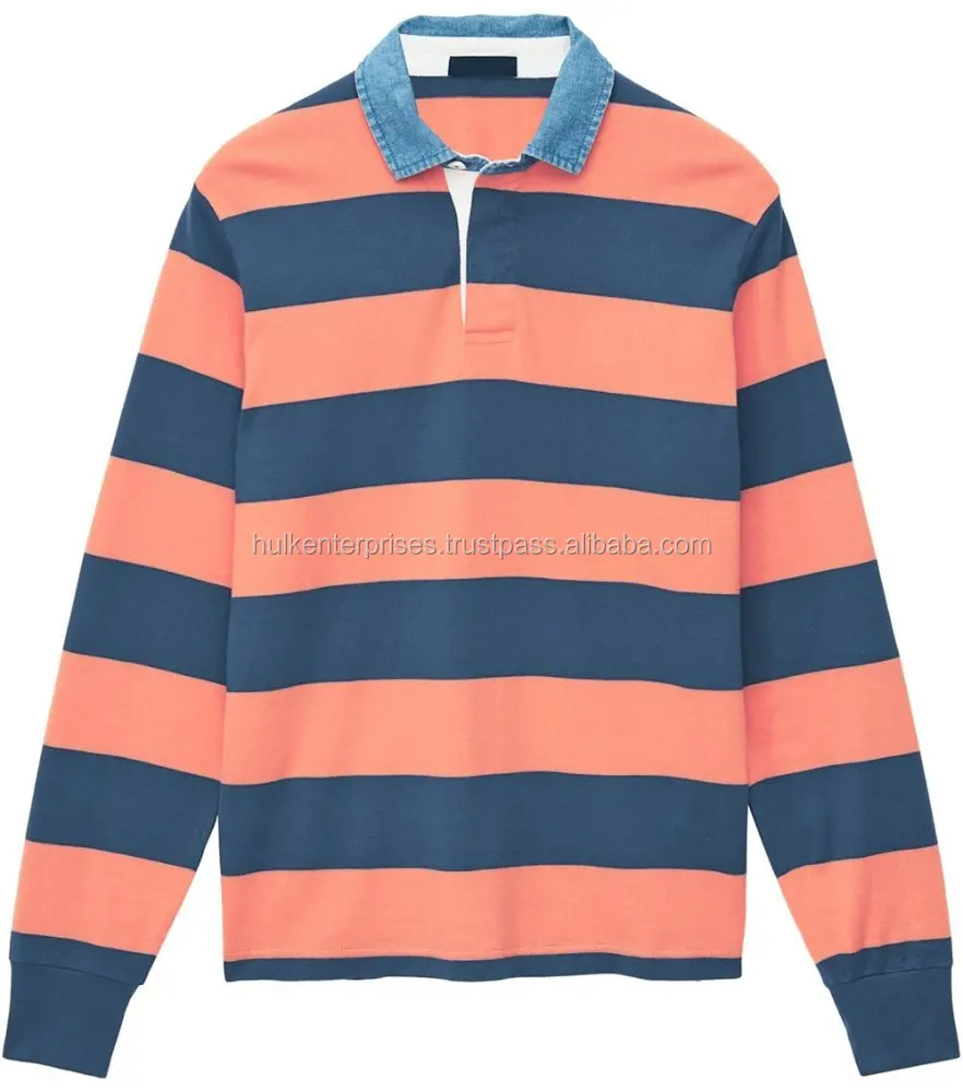 
100% Cotton Heavyweight Striper Pink and Navy Blue Rugby Jersey 