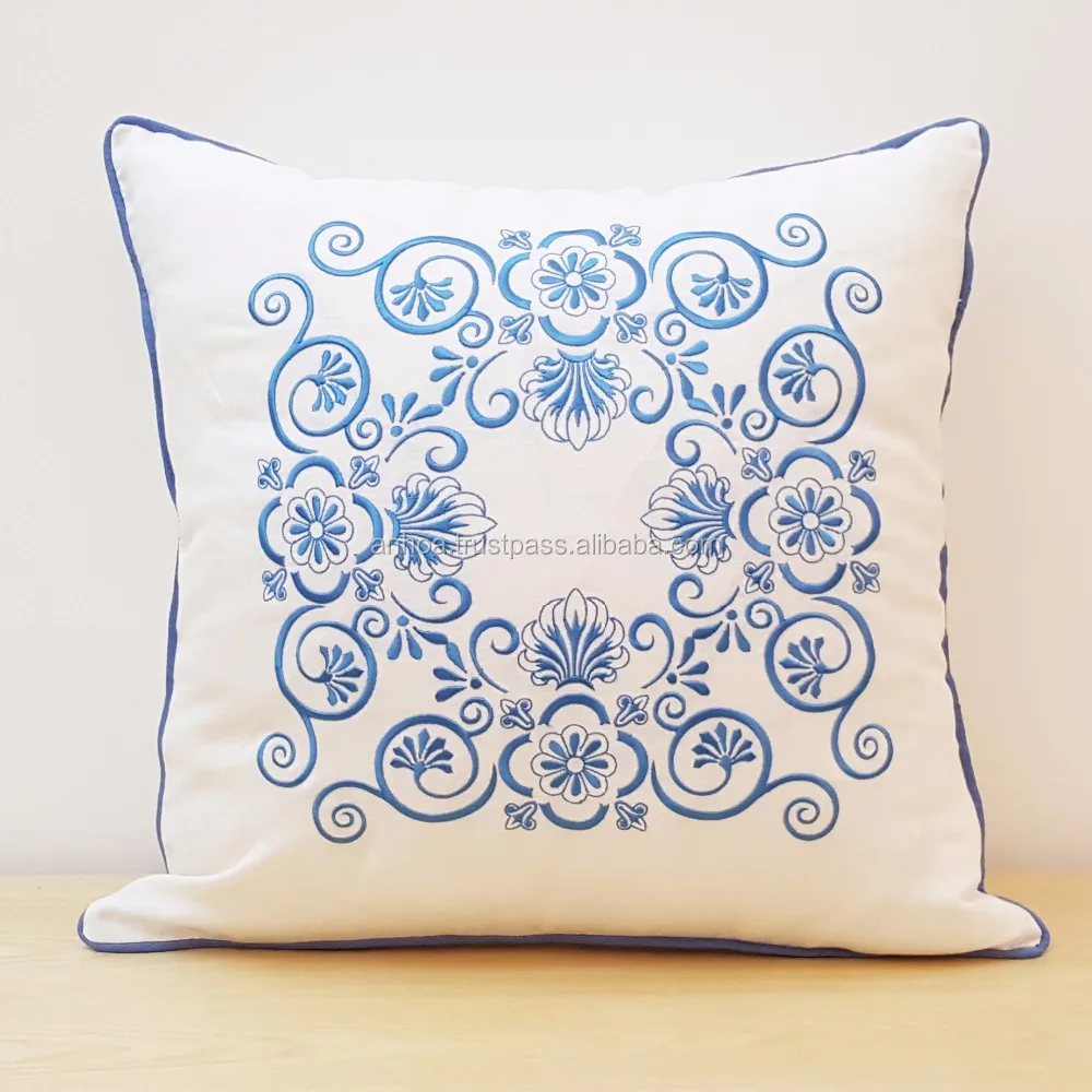 Floral Embroidered Pillow Cover With Curly Vines Decorative Cushion Cover with Piping