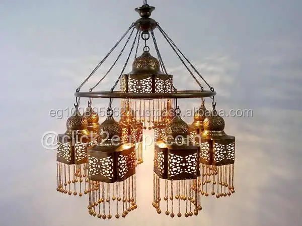 BR380 Gorgeous Brass Ring 9 Down Light Moroccan Beaded Chandelier