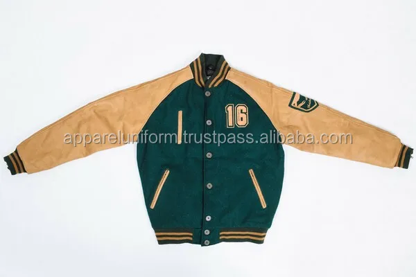 2016 new design forest green Varsity Jackets with Wool Body and Leather Sleeves, & Embroidery
