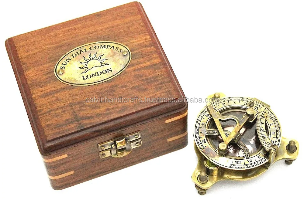 Antique sundial compass - brass sundial compass with box