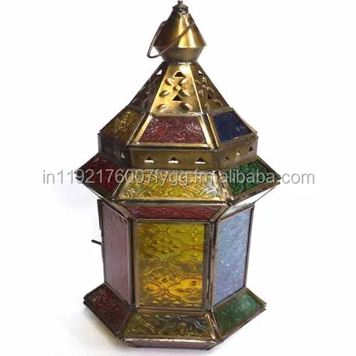 Metal Moroccan Lantern Pillar Candle Holder Lamp Luxury Hanging Copper Antique Blue Glass Lanterns for Home Decoration