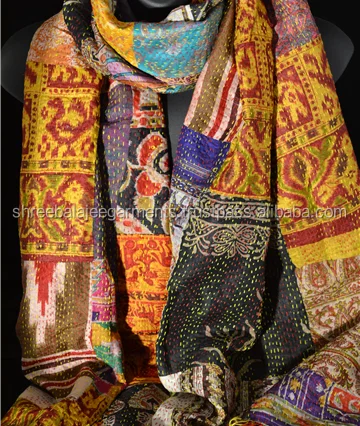 VINTAGE SILK KANTHA STOLE HANDMADE LADIES SCARVES