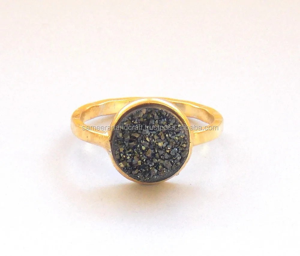 Handmade Gold Plated Natural Gemstone Jewelry Sterling Silver Black Druzy Birthstone Boho Rings For Men Or Women