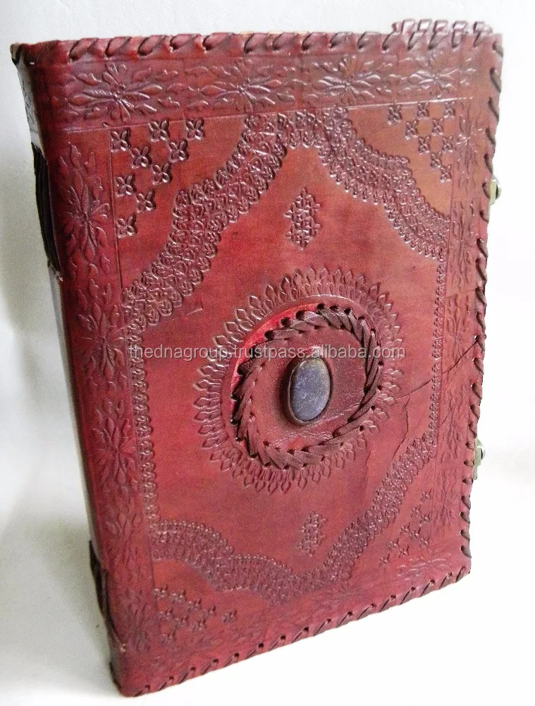 Handmade vintage embossed stone with 2 lock pattern stone attached at centre Leather bound journal Diary