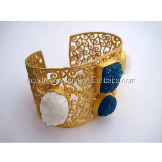 Dark Blue and White Druzy Cuff Bracelet with Intricate Handcrafted Filigree, Statement Gemstone Bracelet