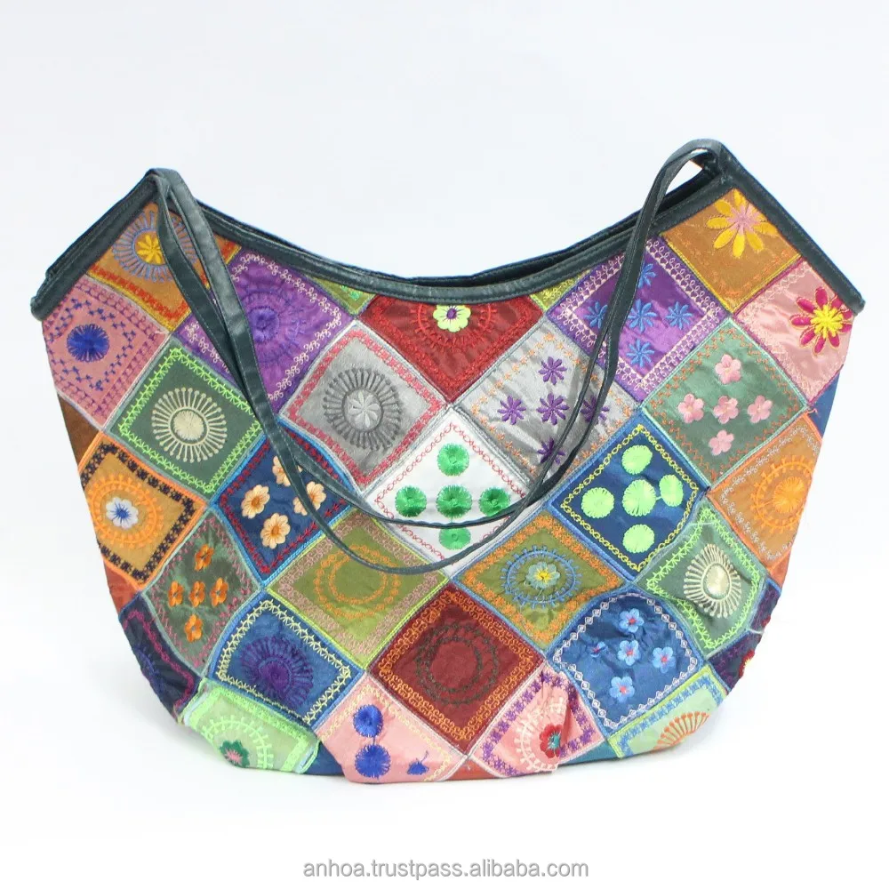 Colorful satin patchwork embroidered shoulder bag