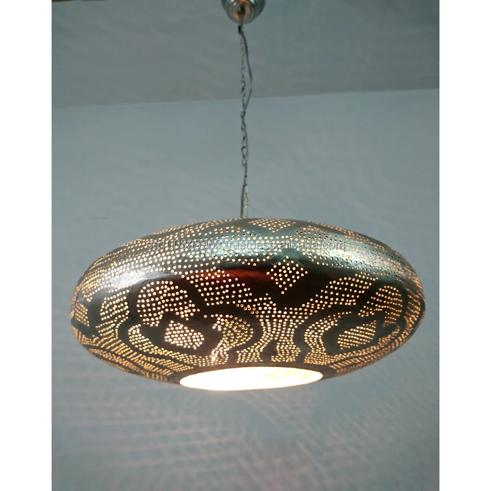 B254 Silver Plated Steel Egyptian Oriental Moroccan Pie Lampshade Hanging Lamp