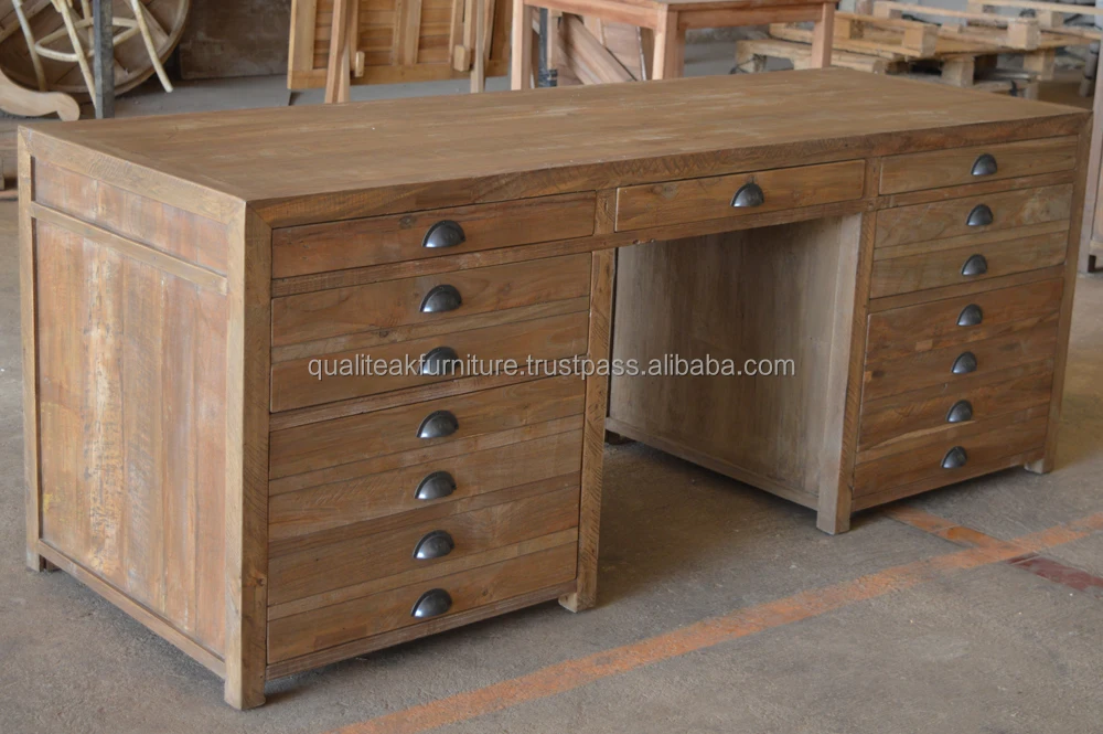 Reclaimed teak solid wood office writing desk with drawers