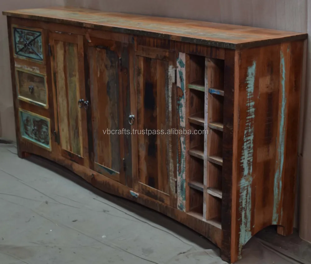 Indian Antique Old Reclaimed Solid Timber Long Storage Wine Rack Drawer Home Bar Living Room Commercial  Sideboard