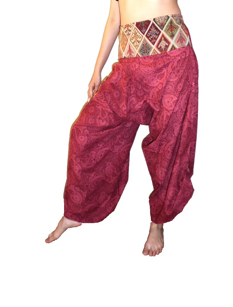 Thai Hill Tribe Fabric Unisex Harem Pants with Coconut Button straps