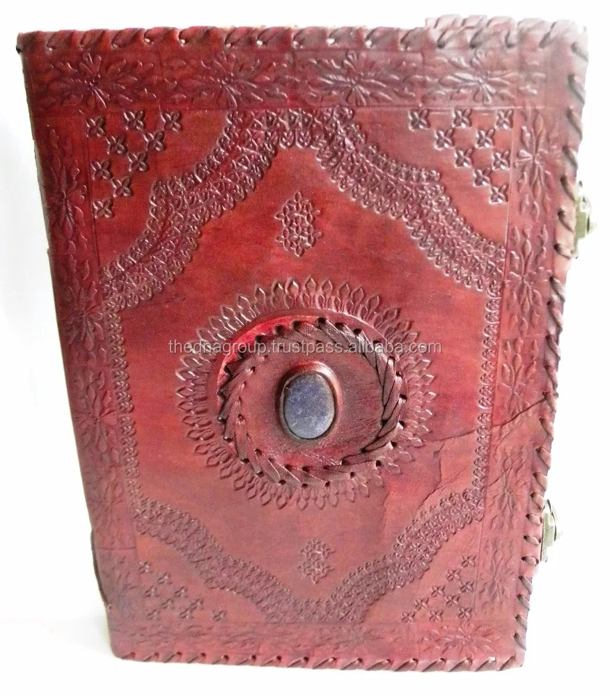 Handmade vintage embossed stone with 2 lock pattern stone attached at centre Leather bound journal Diary