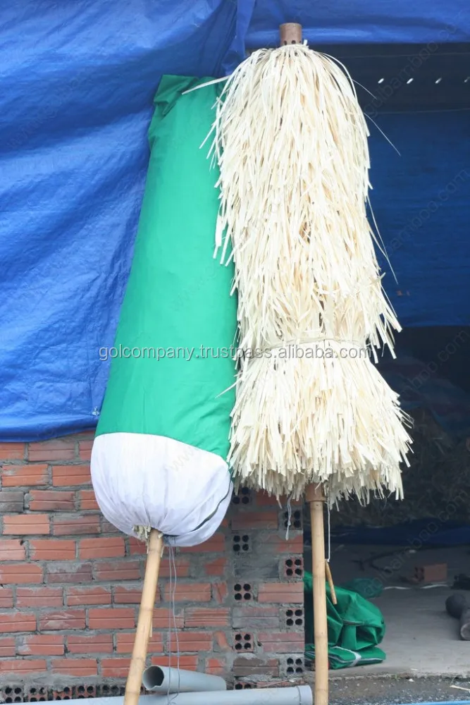 [wholesale] Patio Umbrella Cover - Seagrass Umbrella Cover - Palm Leaf Umbrella with Leather Cover, Terrazzo Bases, Bamboo Foot