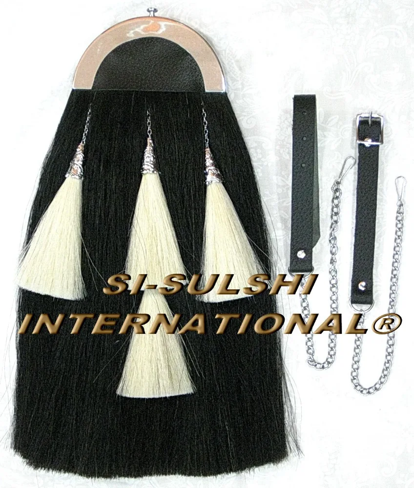 SI - BLACK LONG HORSE HAIR SPORRAN ( 100% Original ) with PLAIN CANTLE