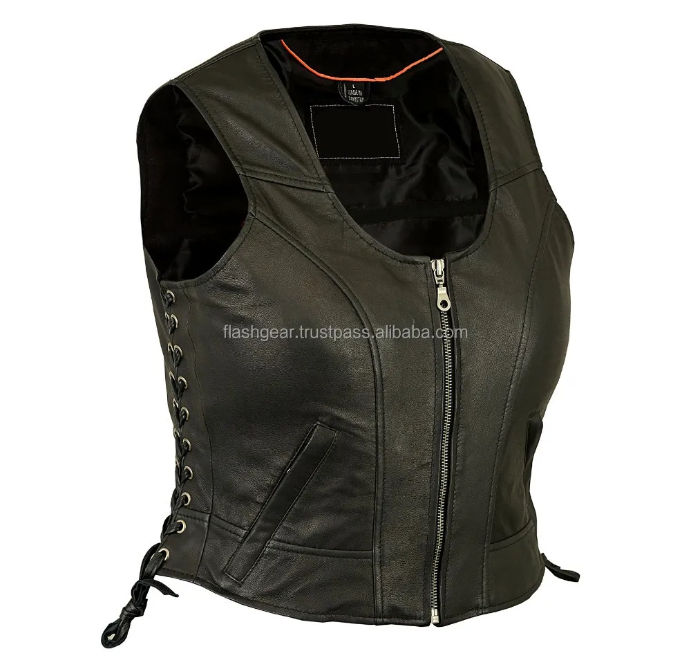 Custom made new fashion women leather biker vest high quality leather heavy Met-al Rocker biker waistcoat Motorcycle Vest