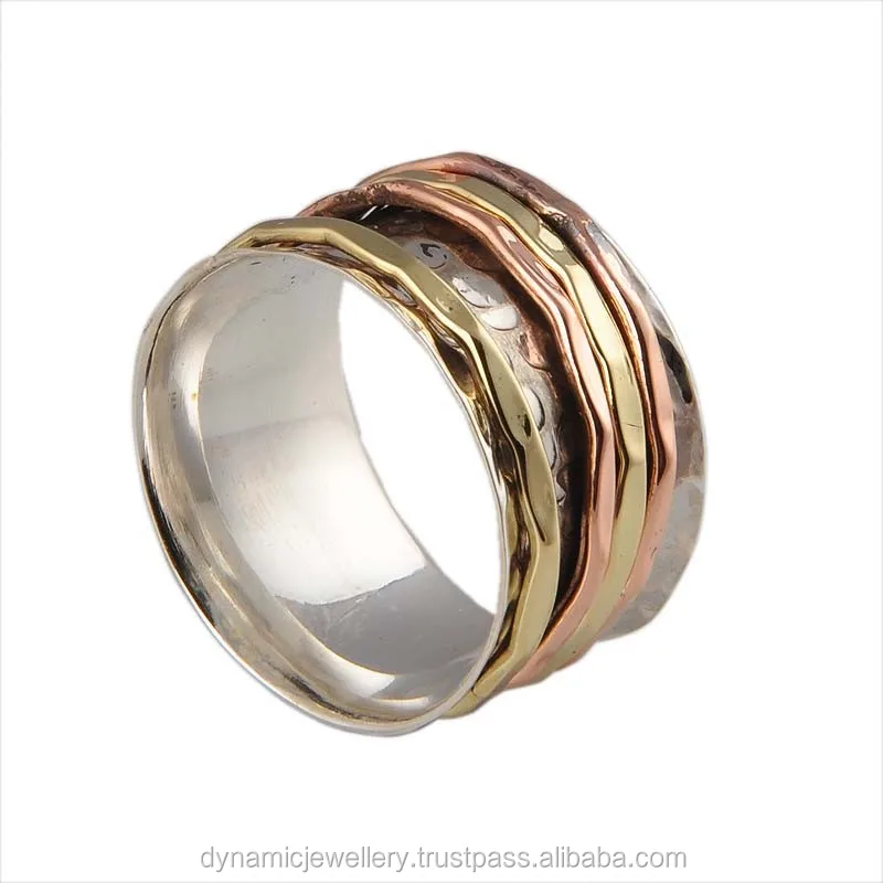 925 Sterling Silver Unique Silver & Golden Brass 3 Tone Spinner Rings Wholesale Jewelry At Wholesale Factory Price From India