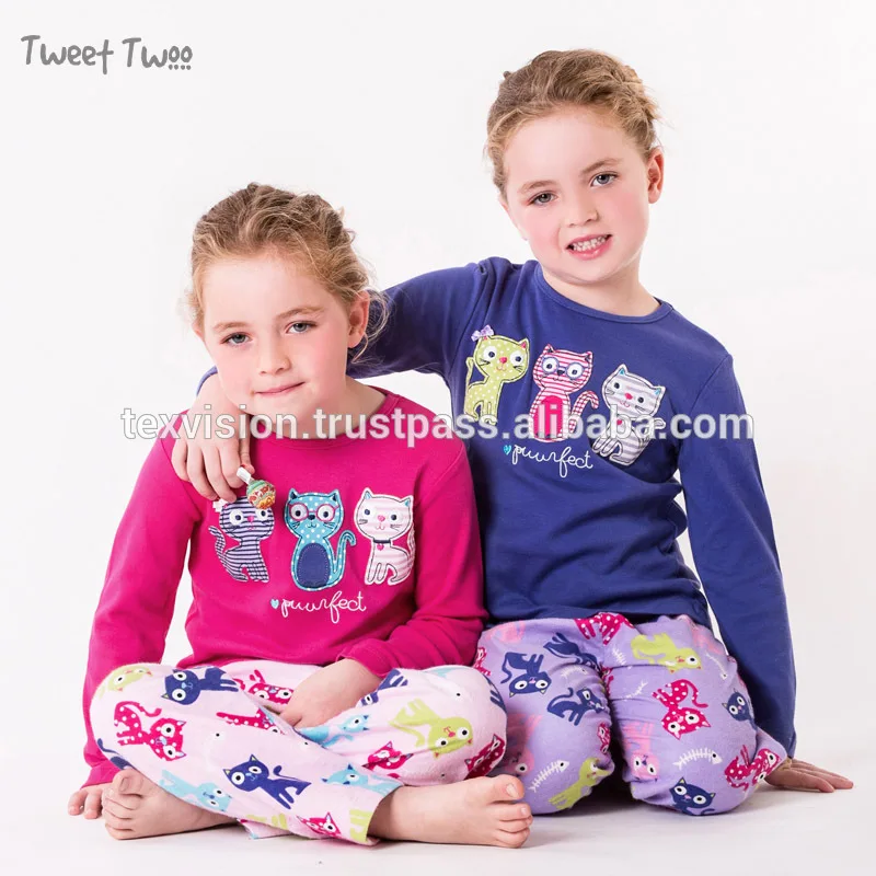 Высокое качество двухцветный кошки вышитые вырезать Grils хлопок пижамы сша в ночное время