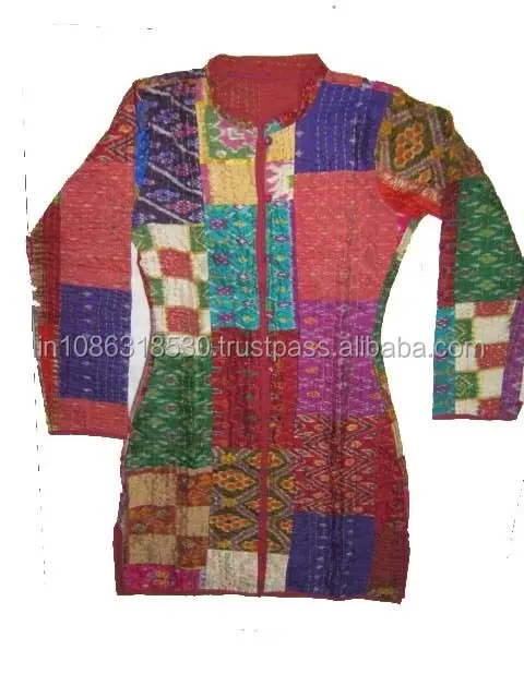 Indian Patchwork Vintage Design kantha Quilted Silk Patola Kantha Jacket Long Floral Sleeves ladies Reversible Coat Gudri Jacket