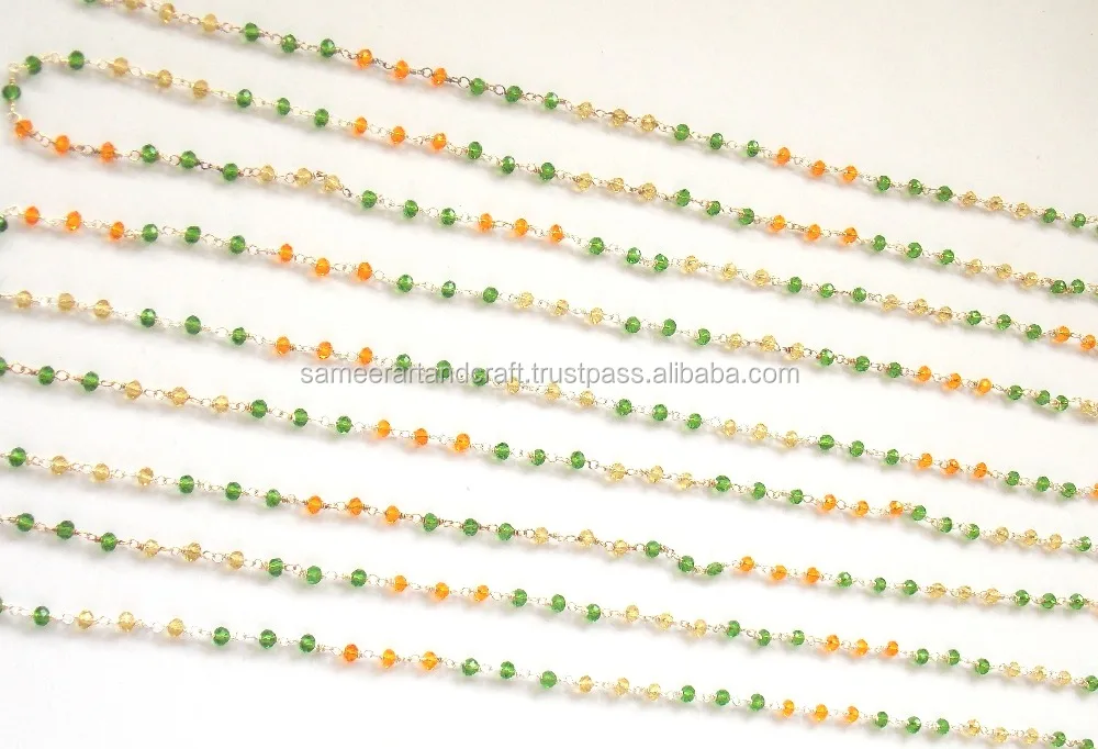 Beautiful Gold Plated 3 - 4 mm Beaded Rosary Natural Multi Gemstone Jewelry Wired wrapped Coin Charm chain