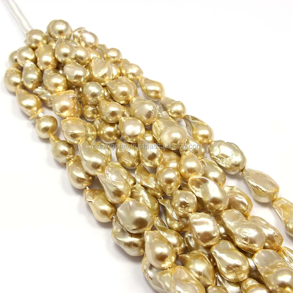 Uneven Shape Of Fresh Water Golden Color Baroque Pearl Strings Moissanite Diamond