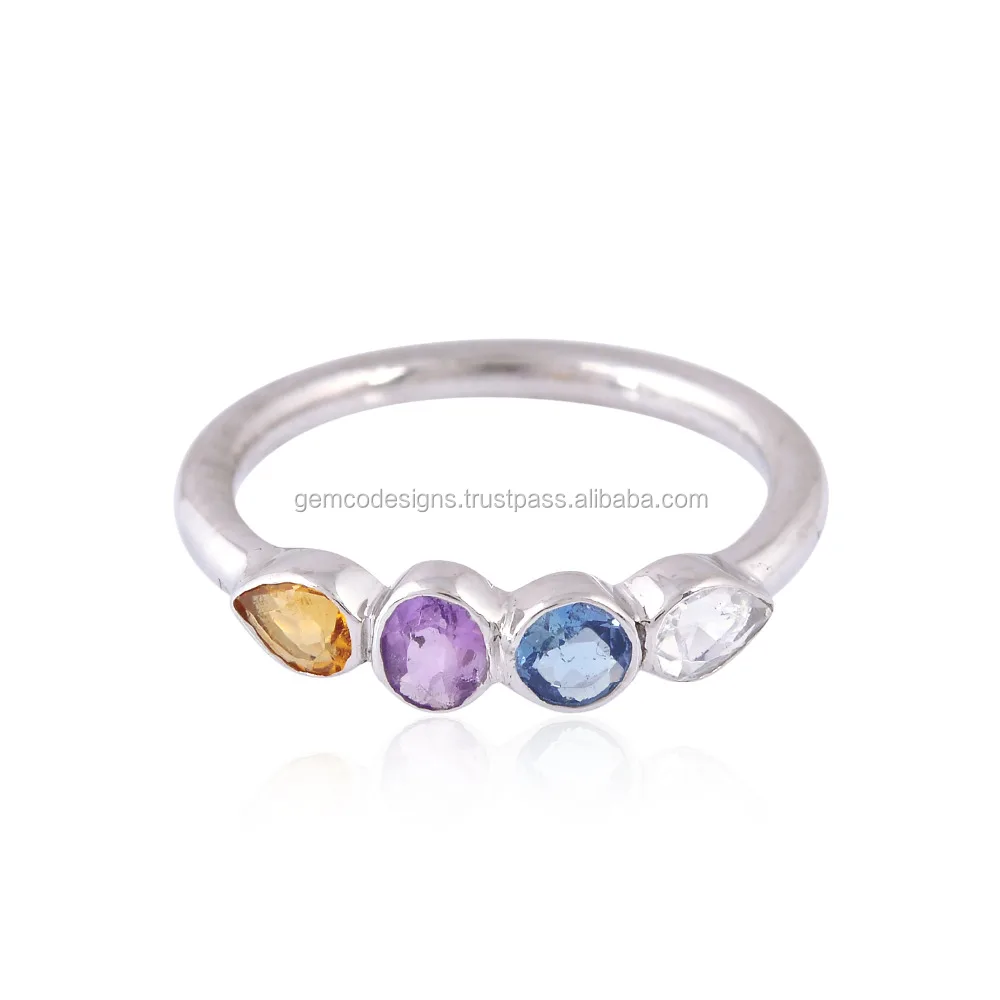 
925 Sterling Silver Amethyst Aquamarine Citrine Blue Moon Stone Ring Jewelry 