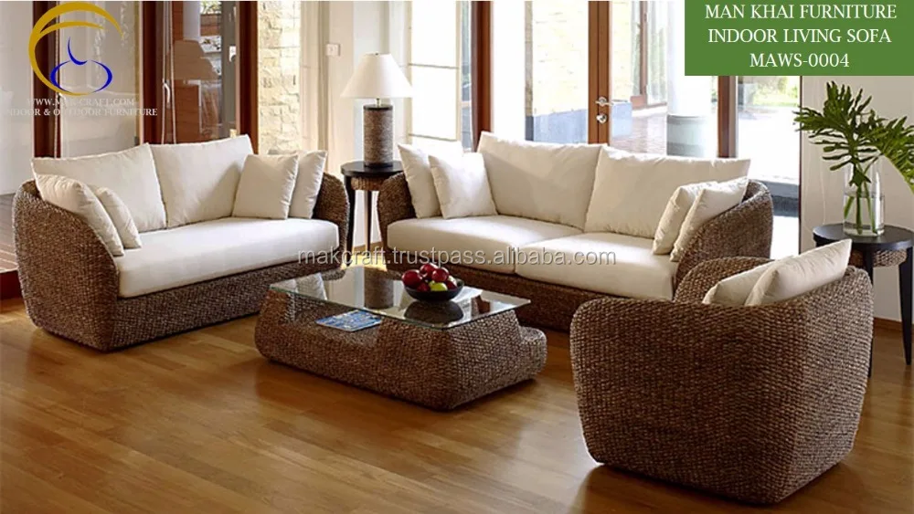 India Interior Indoor Rattan Living Room Sofa Set Home Furniture (Acacia wooden frame, water hyacinth handmade woven)