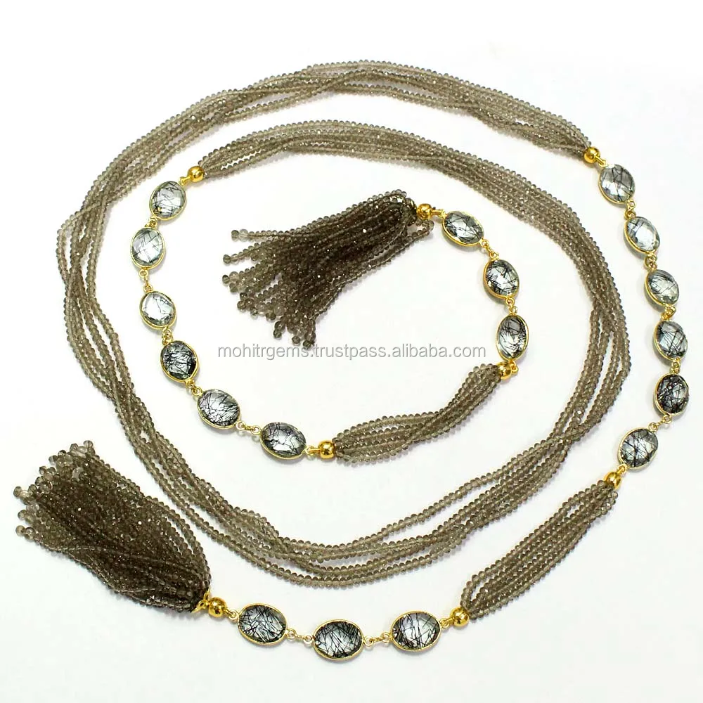 Long Open Stool Winter Necklace of Smoky Quartz Beads Along Bezel Colet Of Black Ru tile