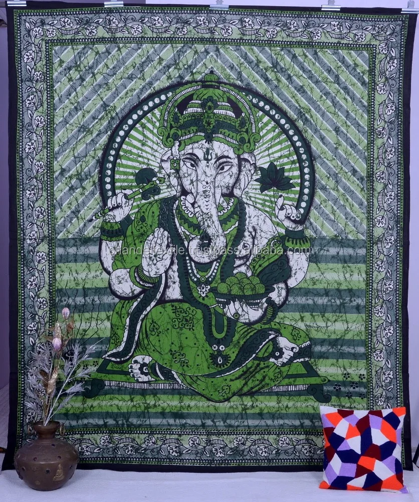 Hippie Ganesh Tapestry Green Colour Wall Hanging Indian Tapestries Queen Art Lord Ganesha Mandala Good Luck Charm