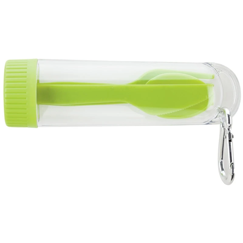 Portable Cutlery Set - includes fork, knife and spoon in transparent storage case with handy aluminum carabiner