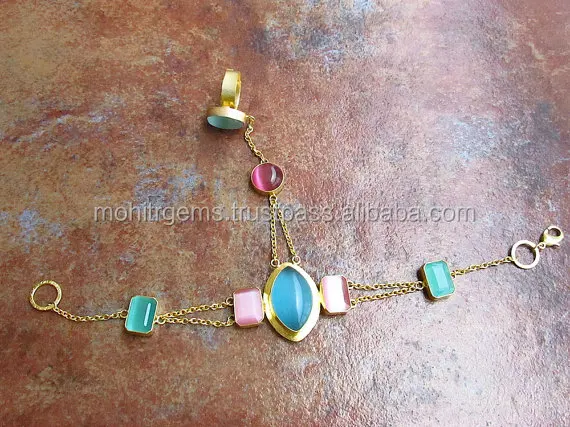 Pastel Shades - Multi Color Beach Hand Harness, Chalcedony Chain Bracelet, Ring Bracelet, Gold Chain Ring