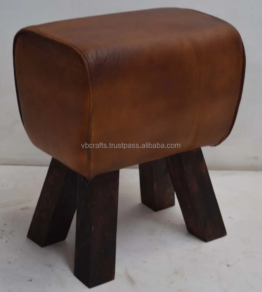 Vintage Industrial Genuine Goat Leather Canvas Fabric Shoe Seat Ottoman Stool bone inlay console ottoman